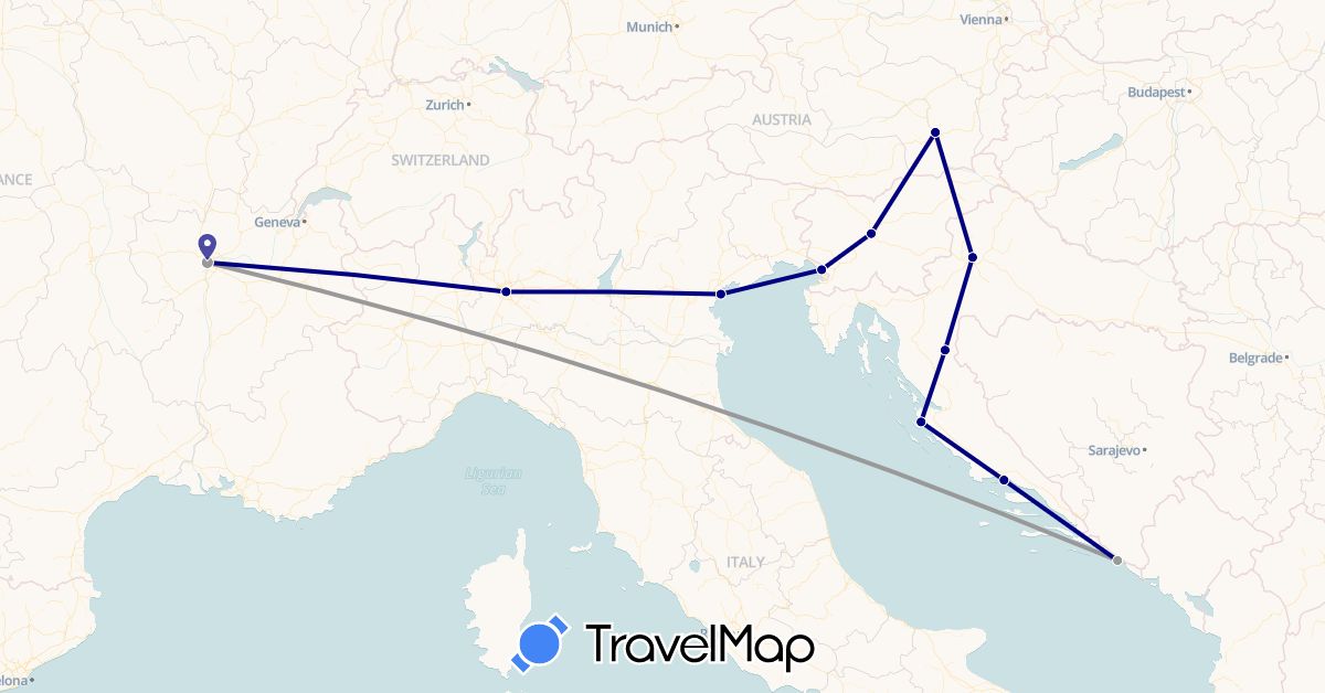 TravelMap itinerary: driving, plane in Austria, France, Croatia, Italy, Slovenia (Europe)